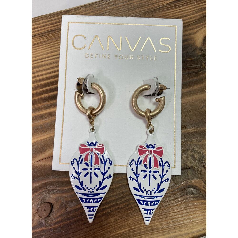 New Canvas Christmas Holiday Ornament Bulb Dangle Drop Earrings 2.75”